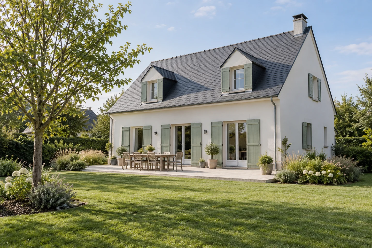 Maison lumineuse, façade claire et toiture en ardoise — visuel d’illustration généré