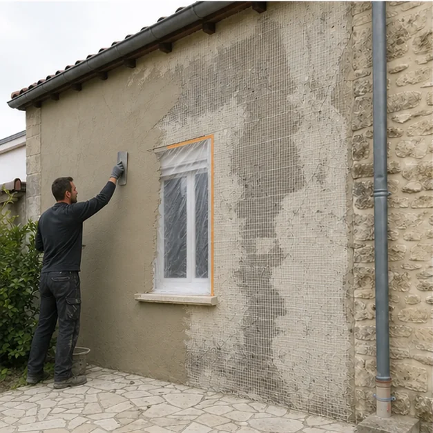 Ravalement d’une façade en cours — illustration